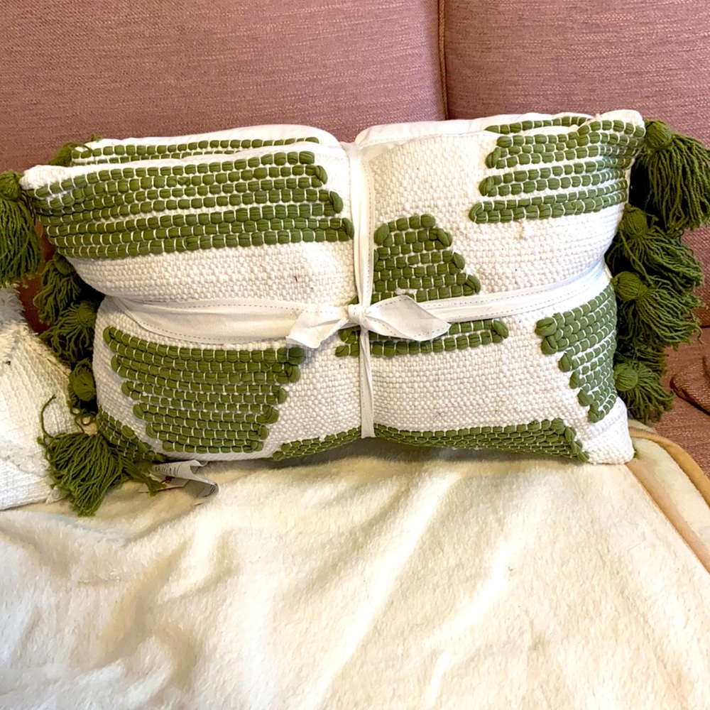 Green and White Textured Pillows